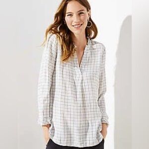 LOFT Plaid Ruffle Split-Neck Blouse